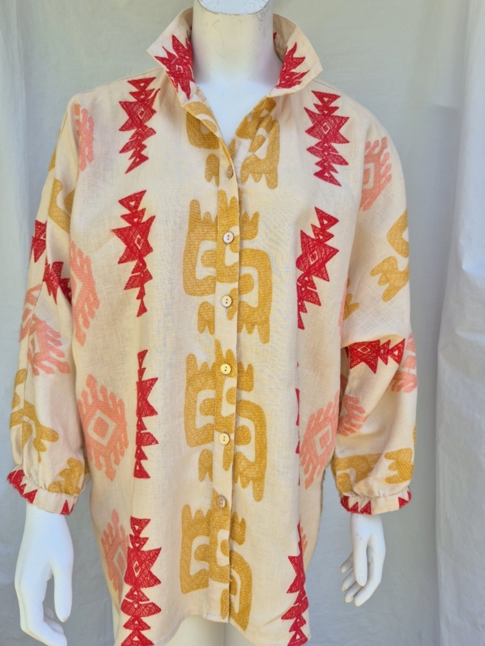John Mark Southwestern Aztec Geometric Blouse--Colorfully Embroidered